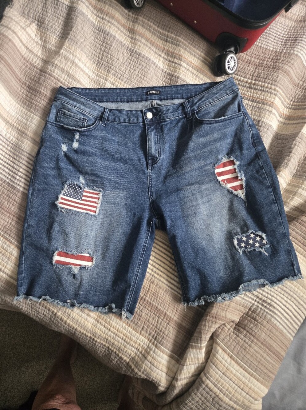 Womens FLAMINGALS Distressed Blue Denim Shorts with American Flag Patch